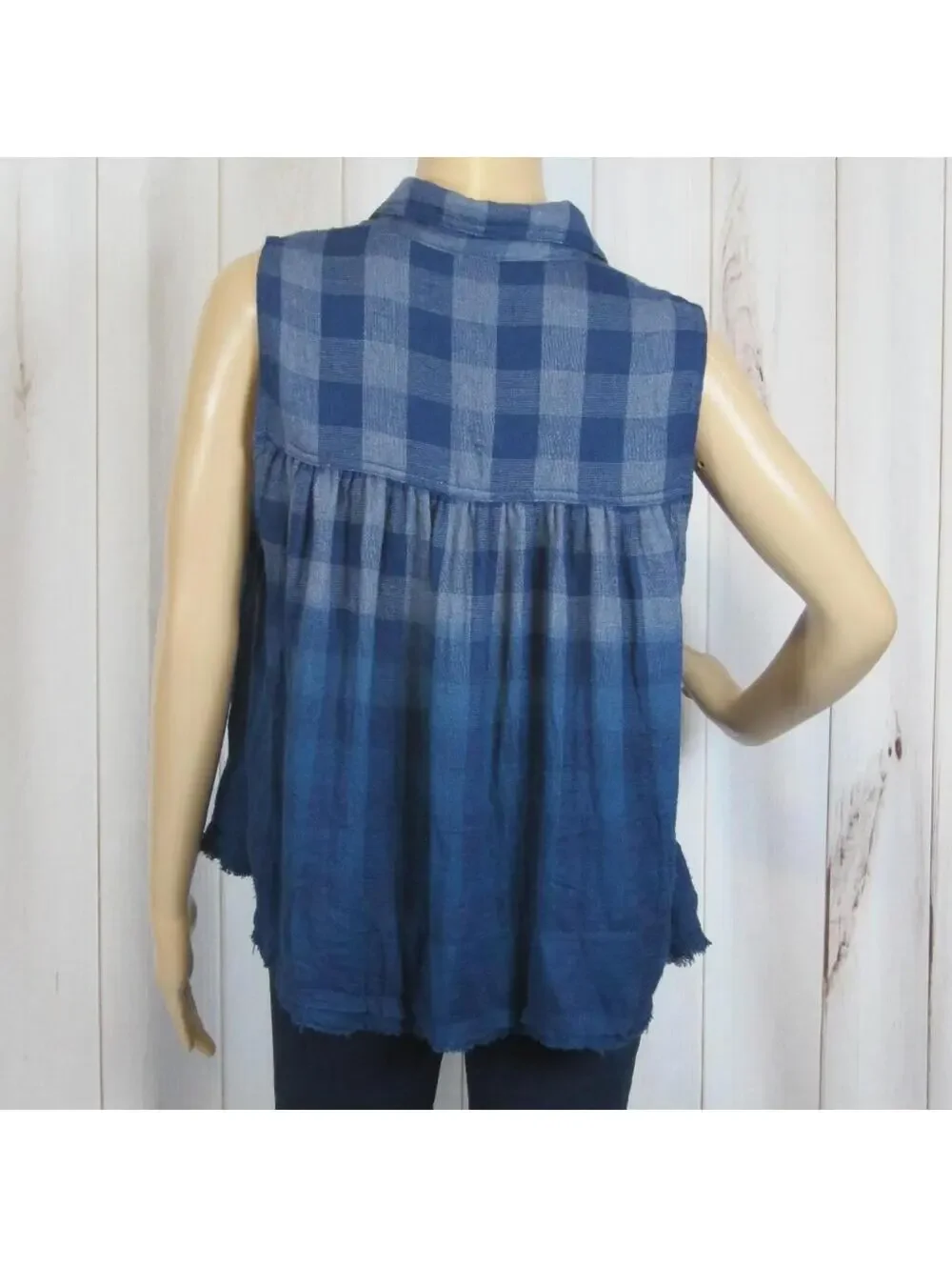 NWT Free People Blue Plaid Tank Top Small Ombre Gingham Sleeveless Button Blouse